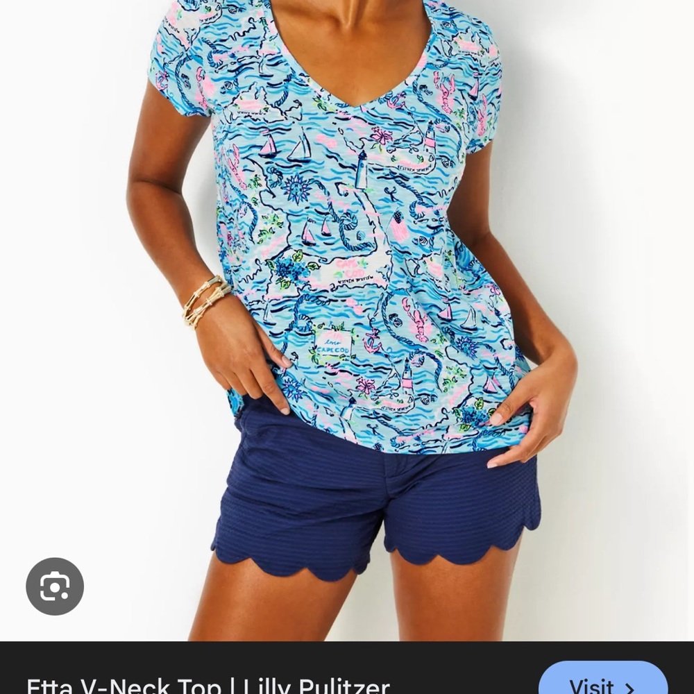 Lilly Pulitzer Etta v-neck t-shirt 
Size medium 
Bali blue, Lilly Loves Cape Cod